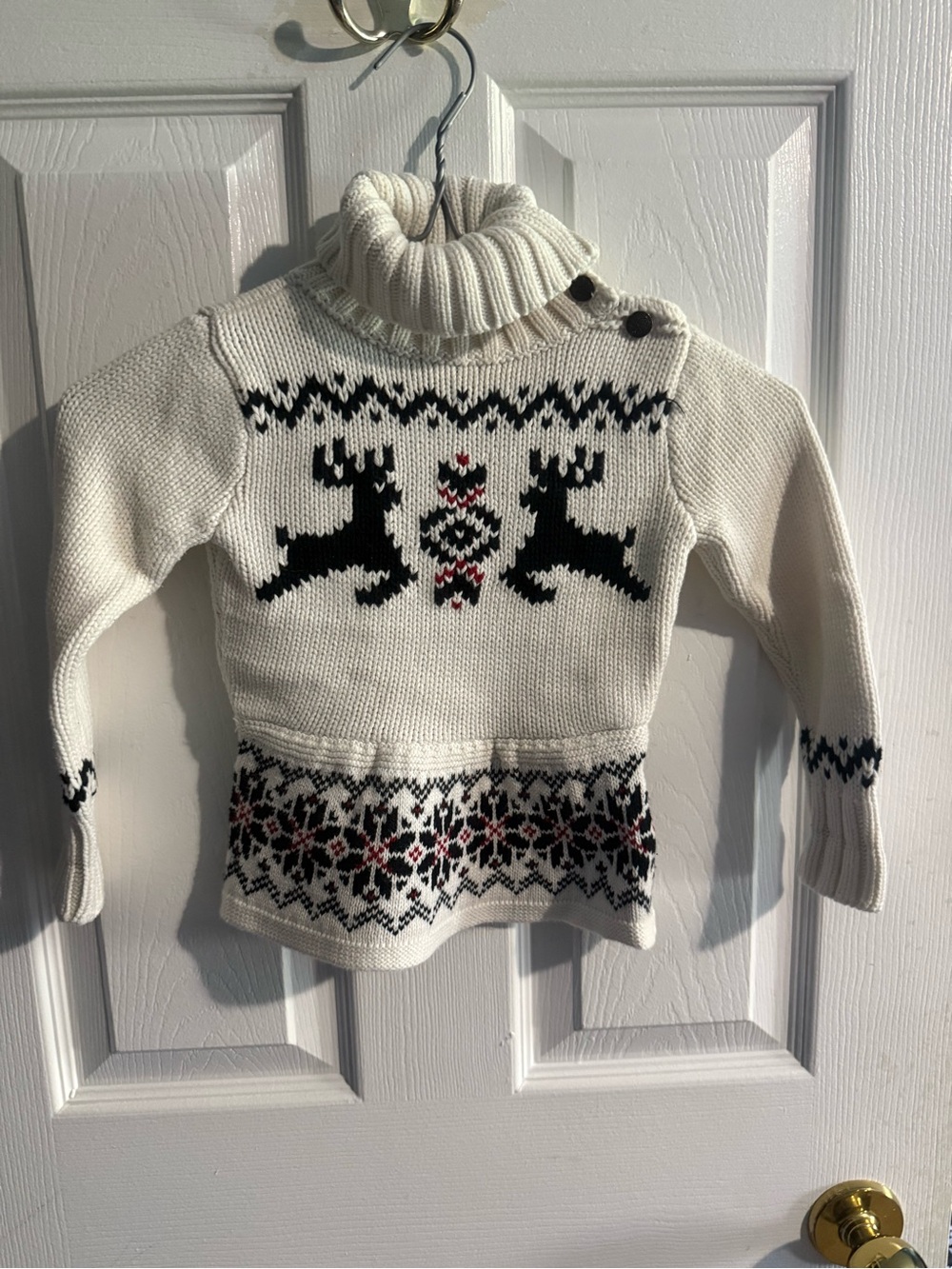 Ralph Lauren Cream Nordic Reindeer Knit Sweater with Black & Red Accents